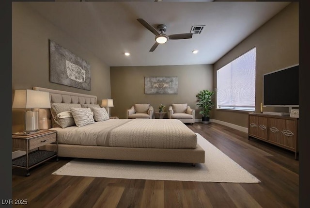 bedroom featuring ceiling fan and dark wood-type flooring