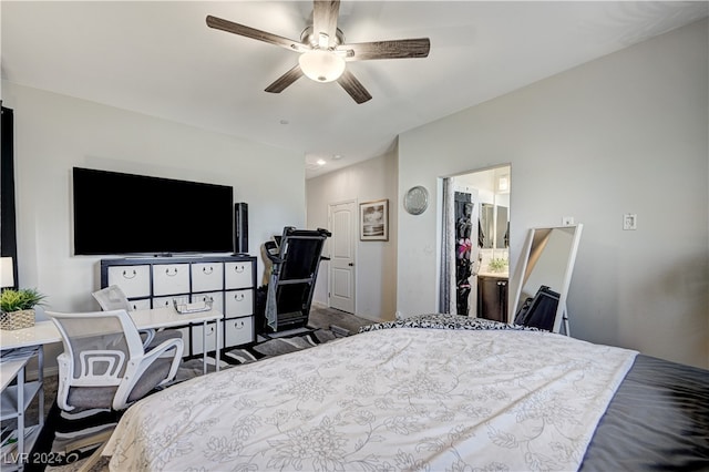 bedroom featuring ensuite bath and ceiling fan