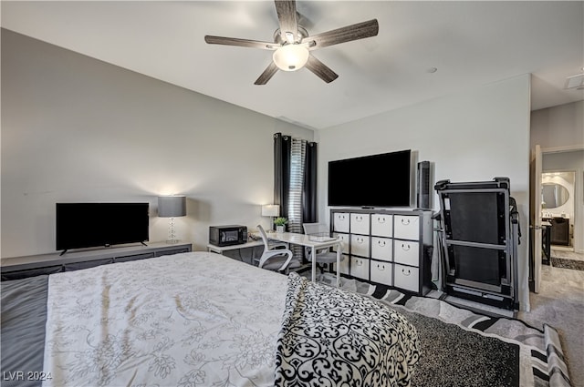 bedroom with light carpet and ceiling fan