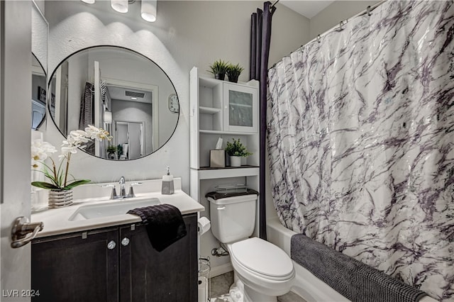 full bathroom with vanity, toilet, and shower / bathtub combination with curtain