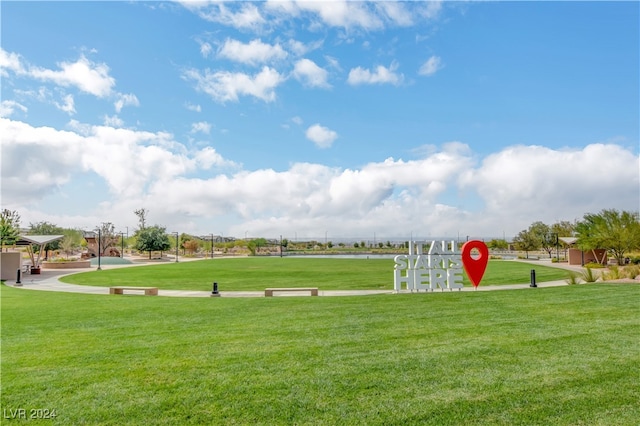 view of community with a lawn and a water view