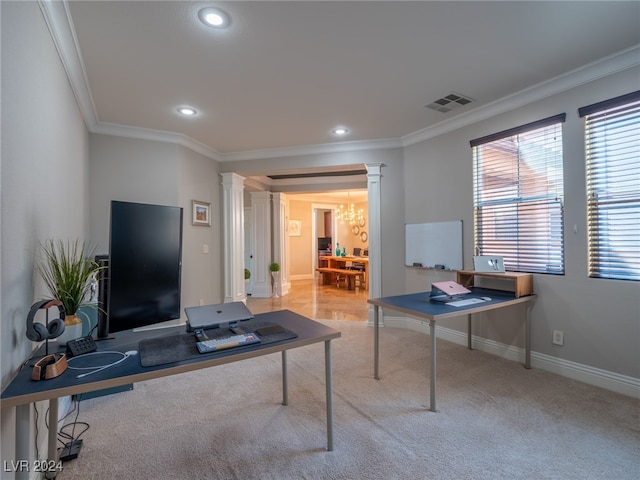 home office with carpet, ornamental molding, a chandelier, and ornate columns