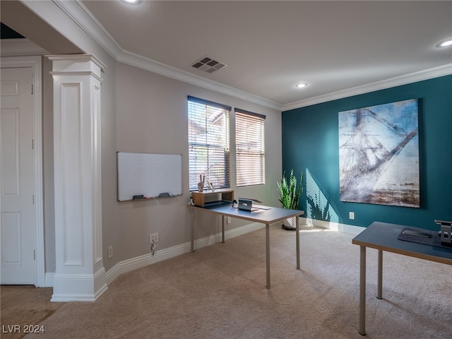 carpeted office featuring ornamental molding and ornate columns