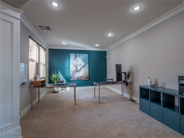 playroom with ornamental molding and carpet