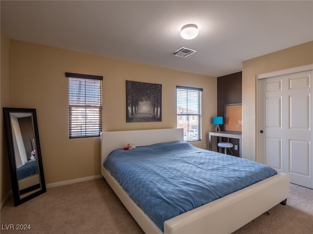 bedroom with multiple windows, a closet, and carpet flooring