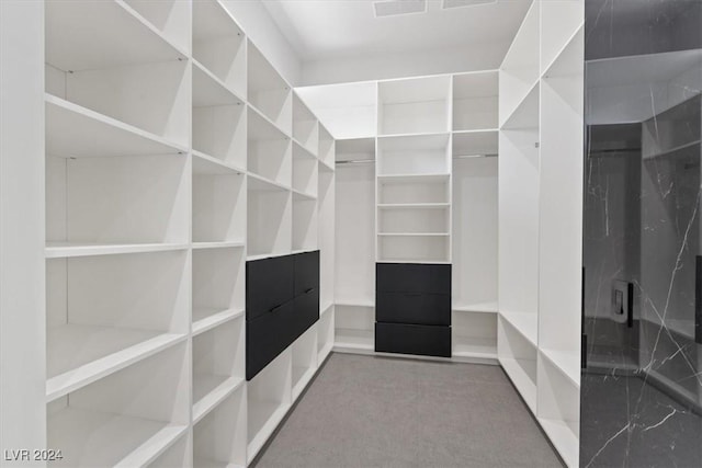 walk in closet featuring carpet flooring