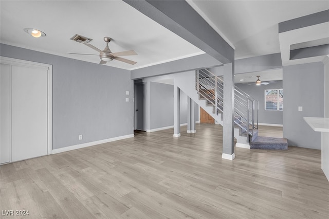 unfurnished living room featuring light hardwood / wood-style floors and ceiling fan