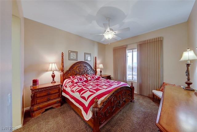 bedroom featuring dark carpet, baseboards, and ceiling fan