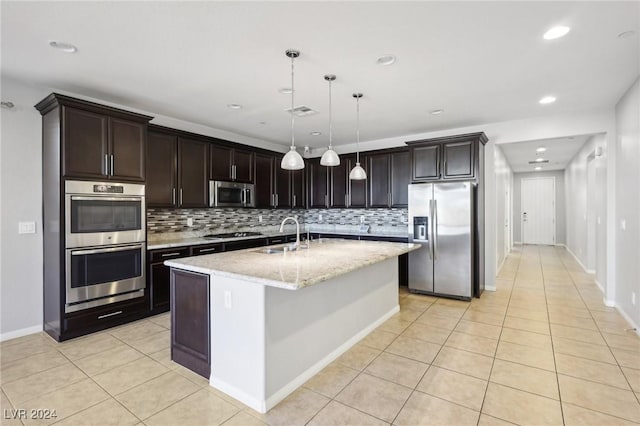 kitchen with sink, stainless steel appliances, an island with sink, pendant lighting, and decorative backsplash