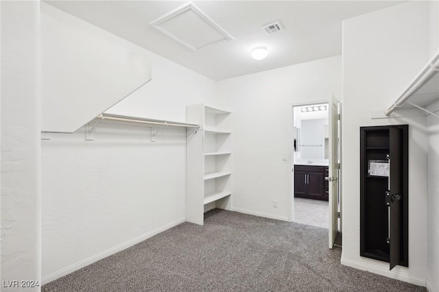 walk in closet with light carpet