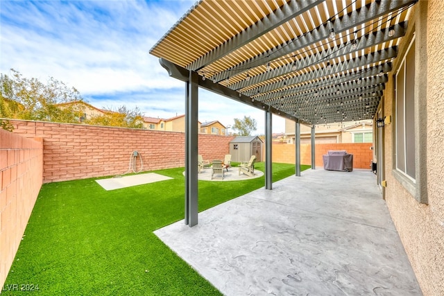 view of patio featuring a shed