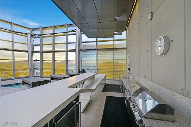 patio terrace at dusk with a wet bar and wine cooler