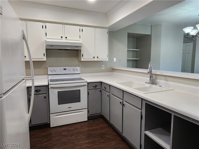 kitchen with dark hardwood / wood-style flooring, white cabinets, sink, gray cabinetry, and white appliances