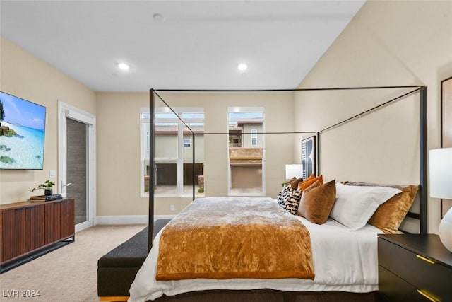 bedroom with carpet floors, recessed lighting, and baseboards