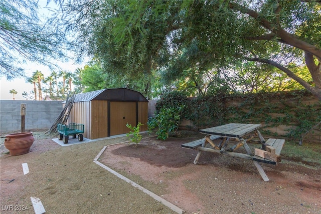 view of yard with a storage shed