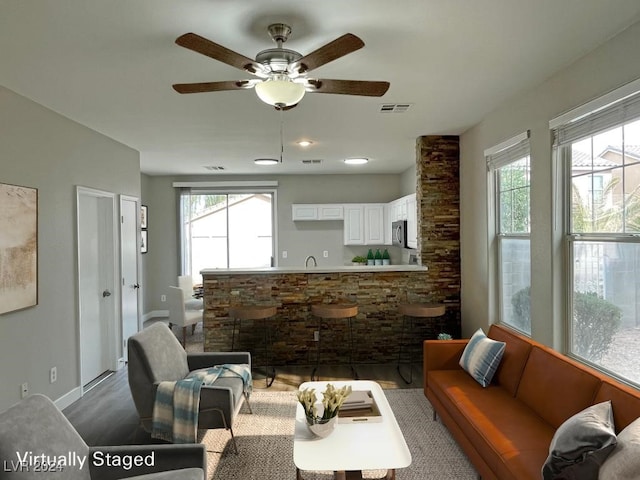 living room with wood-type flooring, ceiling fan, and plenty of natural light