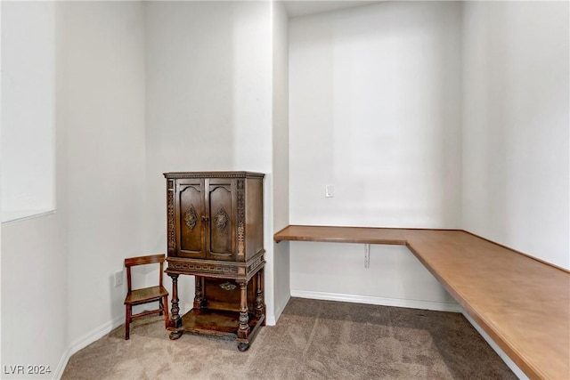 interior space with built in desk, carpet, and baseboards