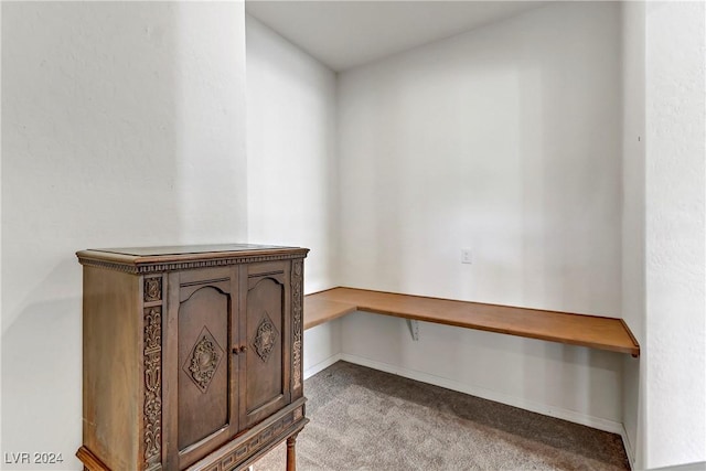 room details featuring built in desk, baseboards, and carpet flooring