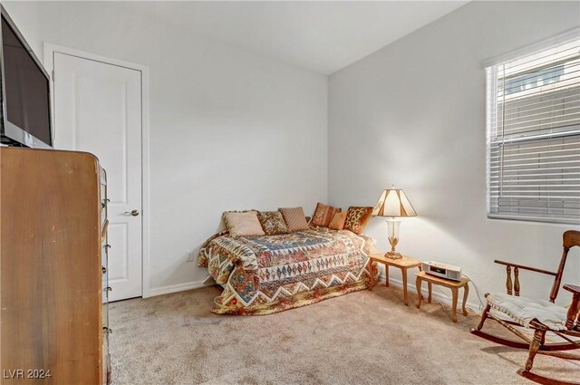 bedroom featuring light carpet