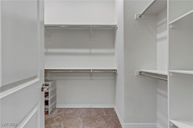 walk in closet featuring light carpet