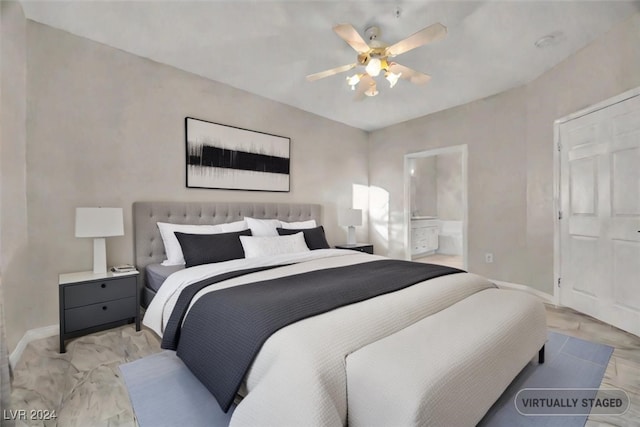 bedroom featuring connected bathroom and ceiling fan