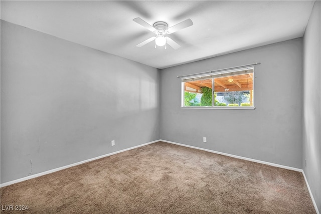 unfurnished room with ceiling fan and carpet