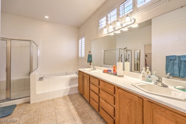 bathroom with vanity, tile patterned floors, and independent shower and bath