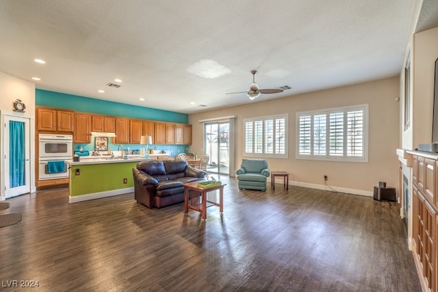 living room featuring a textured ceiling, dark hardwood / wood-style flooring, ceiling fan, and sink