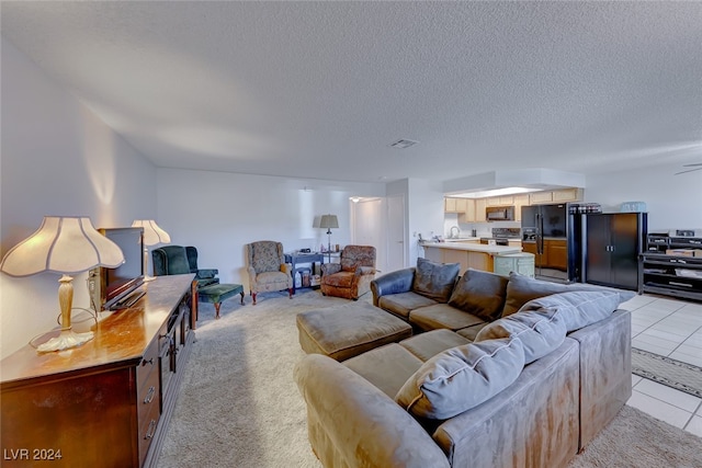 living room with sink, a textured ceiling, light carpet, and ceiling fan