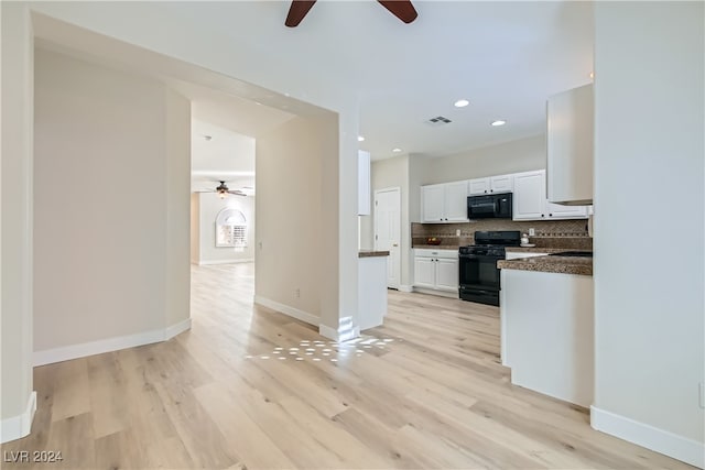 kitchen featuring black appliances, light wood-type flooring, backsplash, white cabinets, and ceiling fan