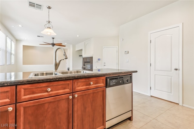 kitchen featuring ceiling fan, sink, stainless steel dishwasher, pendant lighting, and light tile patterned floors