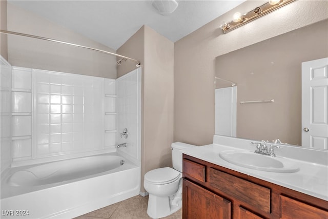 full bathroom with tile patterned flooring, vanity, lofted ceiling, shower / bathing tub combination, and toilet