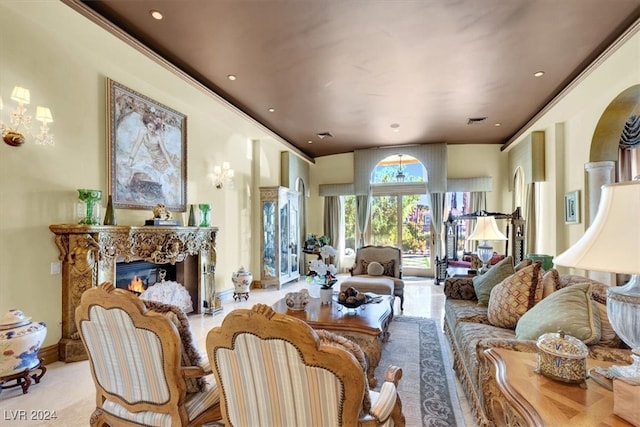 living room with ornamental molding