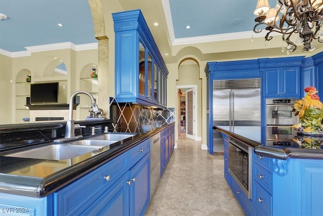 kitchen featuring built in appliances, built in shelves, blue cabinets, and crown molding