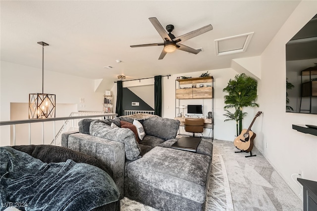 carpeted living room featuring ceiling fan