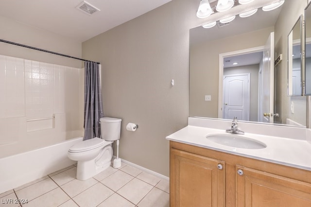 full bathroom with vanity, tile patterned flooring, shower / bathtub combination with curtain, and toilet