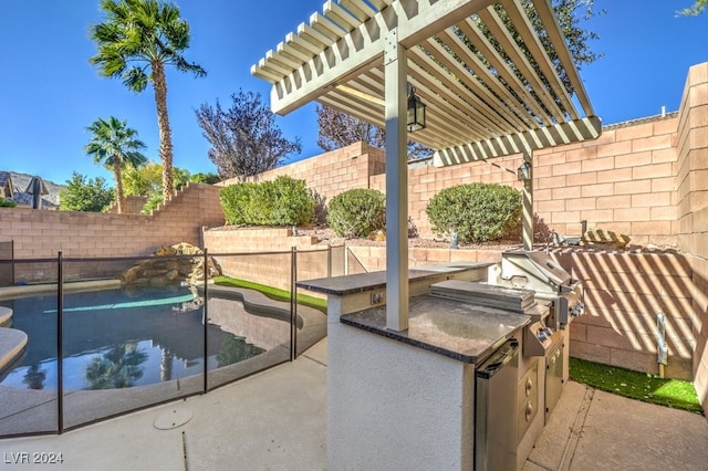 view of swimming pool featuring an outdoor kitchen and a patio