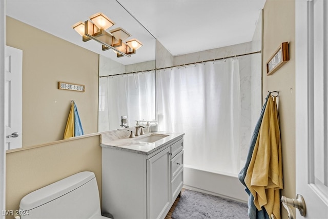 full bathroom featuring vanity, toilet, and shower / bathtub combination with curtain