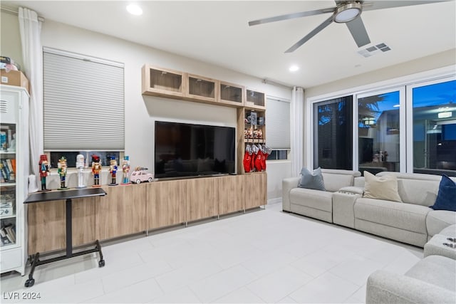 living room with ceiling fan