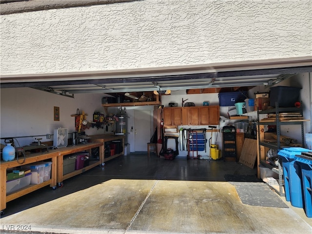 garage with a workshop area