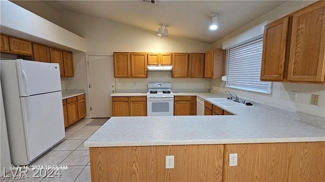 kitchen featuring sink, kitchen peninsula, light tile patterned floors, white appliances, and vaulted ceiling