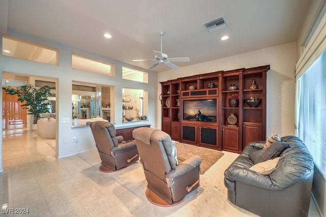 living room with ceiling fan