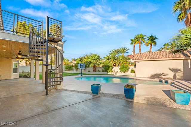 view of pool featuring a patio and ceiling fan