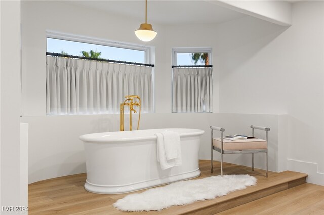 bathroom with a washtub and wood-type flooring