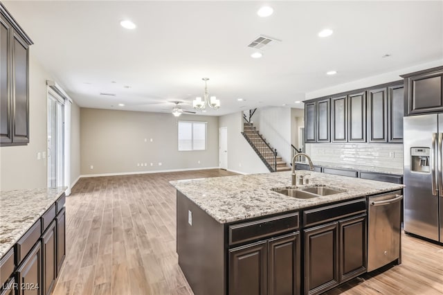 kitchen with stainless steel appliances, light hardwood / wood-style floors, a center island with sink, sink, and tasteful backsplash