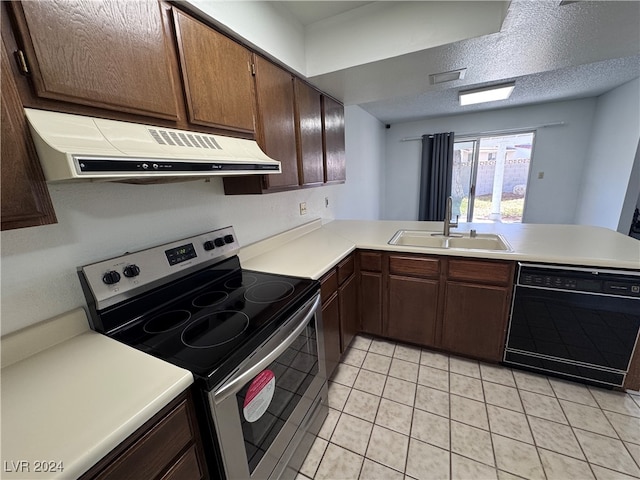 kitchen with stainless steel electric range, black dishwasher, kitchen peninsula, sink, and light tile patterned flooring