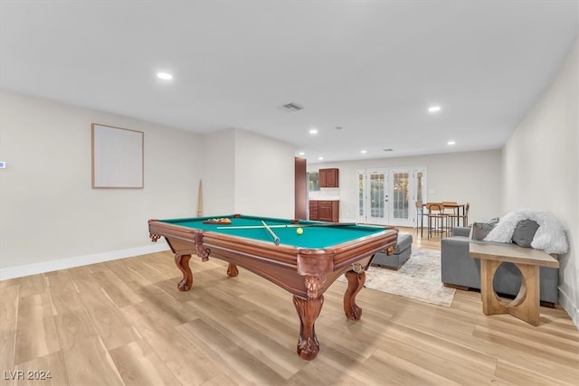 game room featuring billiards, visible vents, light wood-style flooring, french doors, and recessed lighting