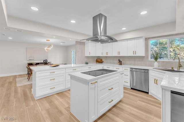 kitchen with dishwasher, a kitchen island, a peninsula, island exhaust hood, and black electric stovetop