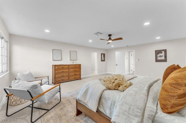 bedroom with light carpet, baseboards, visible vents, and recessed lighting