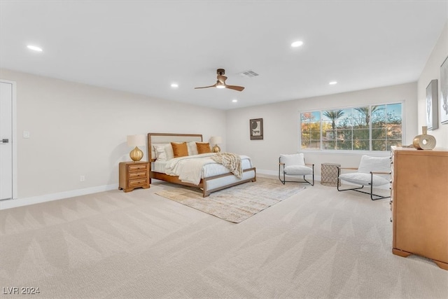 bedroom featuring light carpet, baseboards, visible vents, and recessed lighting